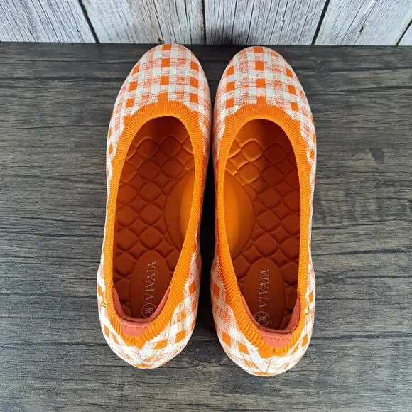 Vivaia Claire Round Toe Ballet Flats Women’s Sz 10.5 EU42 Citrus Orange Gingham - Picture 6 of 8